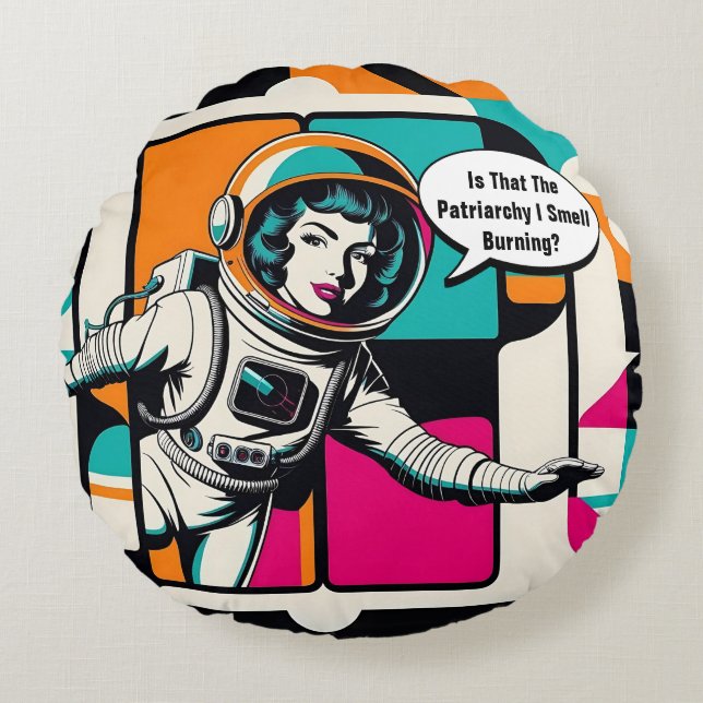 Retro Feminist Patriarchy Female Astronaut Pop Art Round Pillow (Front)