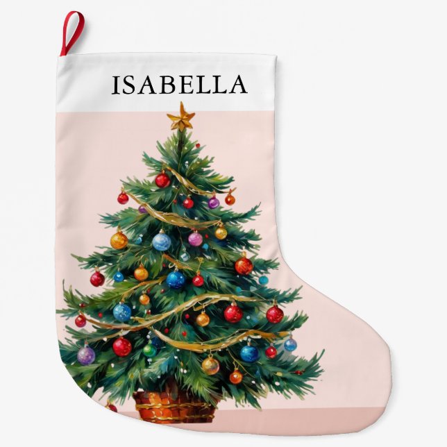 Retro Festive Christmas Tree Rustic Picture Large Christmas Stocking (Front)