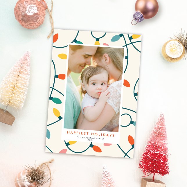 Retro Festive Colourful Christmas Lights One Photo Holiday Card (Creator Uploaded)