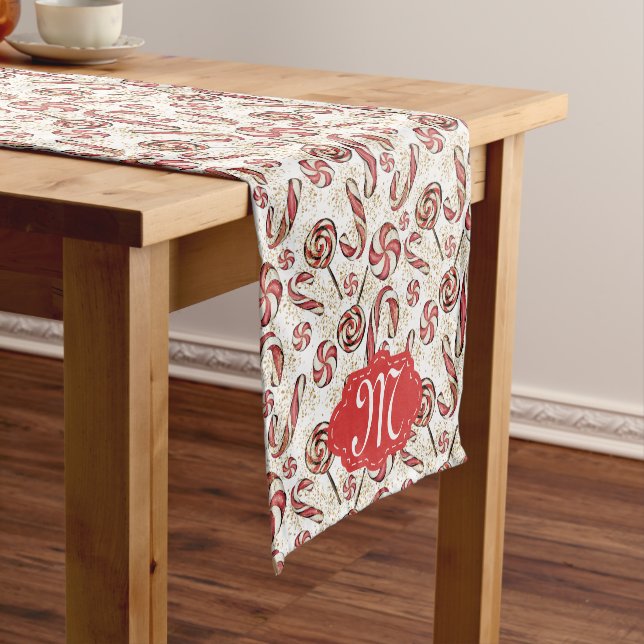 Retro Festive Cute Red Candy Cane Fun Pattern  Short Table Runner (In Situ)