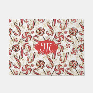 Retro Festive Cute Red Candy Cane Pattern Monogram Doormat