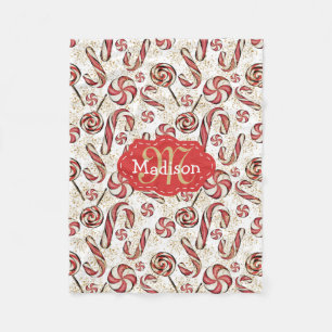 Retro Festive Fun Candy Canes Pattern Baby Name Fleece Blanket