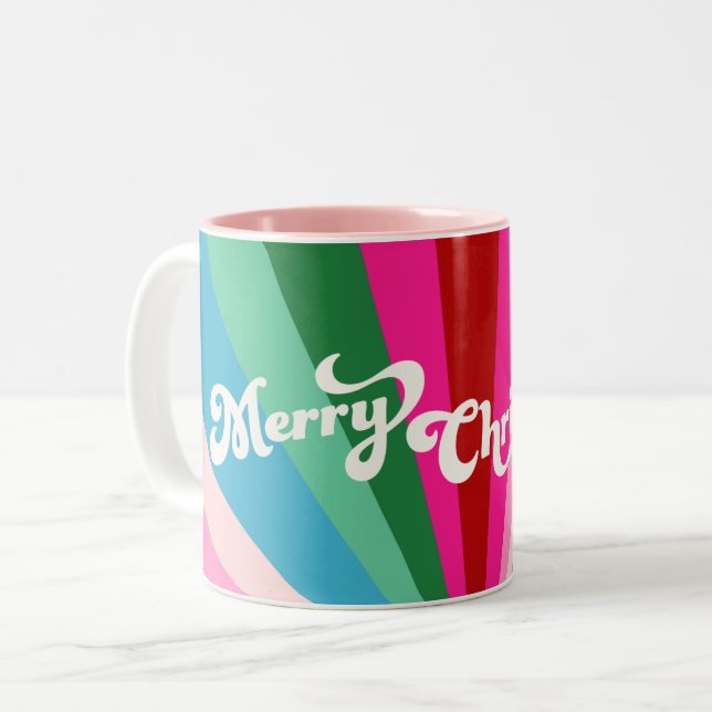 Retro Festive Rainbow Pink Christmas  Two-Tone Coffee Mug (Front Left)