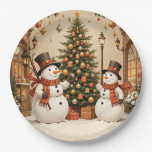 Retro Festive Snowmans and Christmas Tree Paper Plate