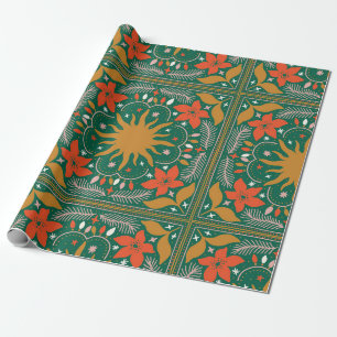 Retro Festive Sun and Poinsettia Folk Art Wrapping Paper