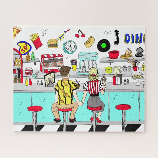 Retro Fifties Diner with Couple Holding Hands Jigsaw Puzzle (Horizontal)