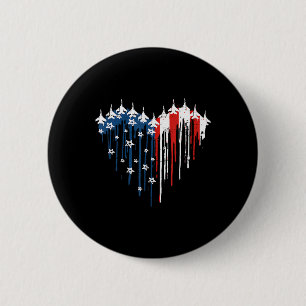 Retro Fighter Jet Airplane American Flag Heart 4th 2 Inch Round Button