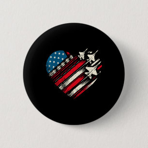 Retro Fighter Jet Airplane American Flag Heart 4th 2 Inch Round Button
