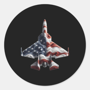 Retro Fighter Jet Airplane American Flag Heart 4th Classic Round Sticker