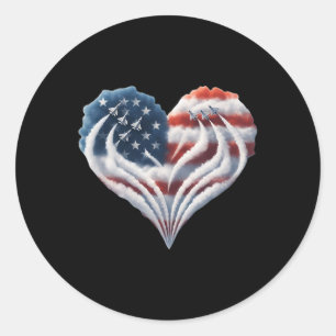 Retro Fighter Jet Airplane American Flag Heart 4th Classic Round Sticker