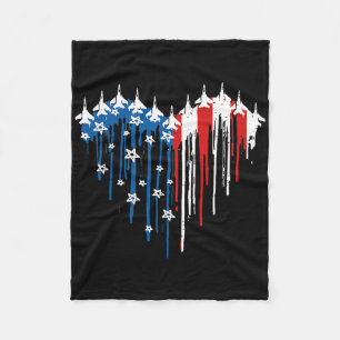 Retro Fighter Jet Airplane American Flag Heart 4th Fleece Blanket