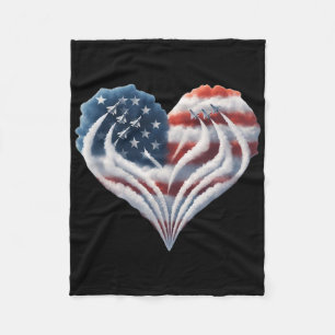 Retro Fighter Jet Airplane American Flag Heart 4th Fleece Blanket