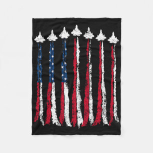 Retro Fighter Jet Airplane American Flag Heart 4th Fleece Blanket
