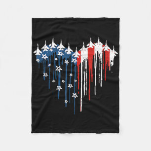 Retro Fighter Jet Airplane American Flag Heart 4th Fleece Blanket