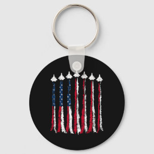 Retro Fighter Jet Airplane American Flag Heart 4th Keychain