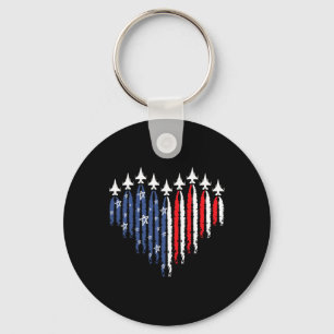 Retro Fighter Jet Airplane American Flag Heart 4th Keychain