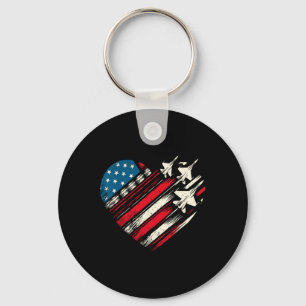 Retro Fighter Jet Airplane American Flag Heart 4th Keychain