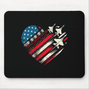 Retro Fighter Jet Airplane American Flag Heart 4th Mouse Pad