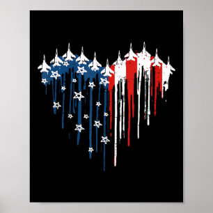 Retro Fighter Jet Airplane American Flag Heart 4th Poster