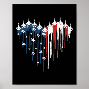 Retro Fighter Jet Airplane American Flag Heart 4th Poster