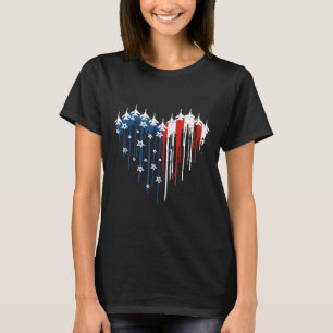 Retro Fighter Jet Airplane American Flag Heart 4th T-Shirt