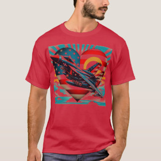 Retro Fighter Jet Airplane American Flag Heart 4Th T-Shirt