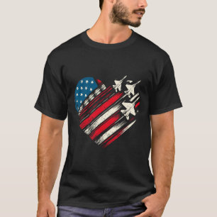 Retro Fighter Jet Airplane American Flag Heart 4th T-Shirt