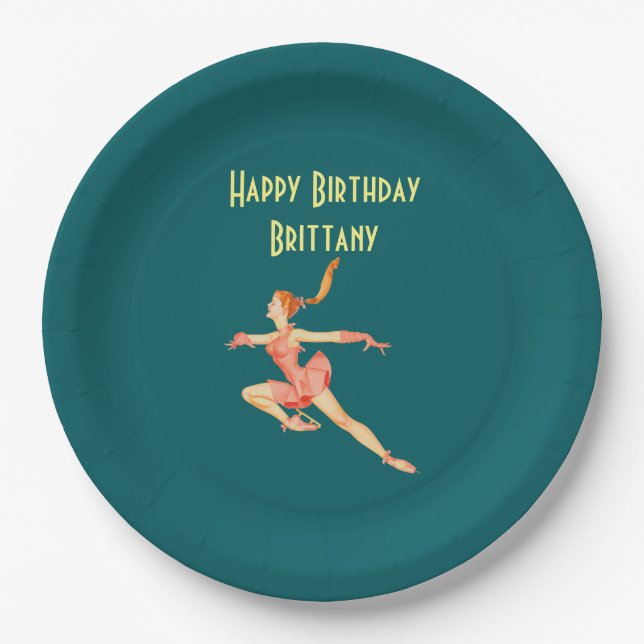 Retro Figure Skater in Pink Happy Birthday Paper Plate (Front)
