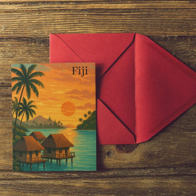 Retro Fiji Tropical Ocean Bungalows Sunset View Postcard (Retro Fiji Tropical Ocean Bungalows Sunset View Postcard)