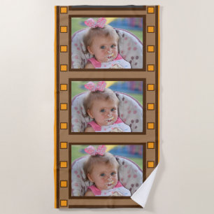 Retro Film Strip Add Up to 3 Photos Orange Beach Towel