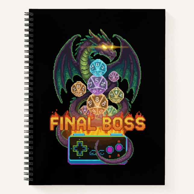 Retro Final Boss Dragon & Dice | Gamer TTRPG Pixel Notebook (Front)
