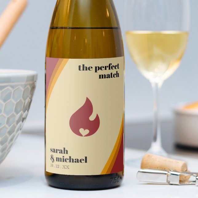 Retro Fire Heart Striped The Perfect Match Wedding Wine Label (Tennis Bachelorette Last Swing Before the Ring Sparkling Wine Label
)