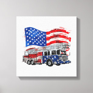 Retro Fire Truck Firefighter Fireman USA Flag 4th Canvas Print