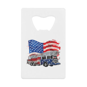 Retro Fire Truck Firefighter Fireman USA Flag 4th Credit Card Bottle Opener