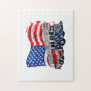 Retro Fire Truck Firefighter Fireman USA Flag 4th Jigsaw Puzzle