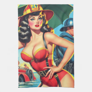Retro Firefighter Girl Kitchen Towel