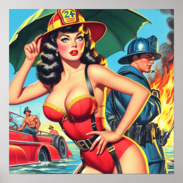 Retro Firefighter Girl Poster (Front)