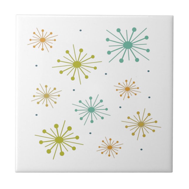 Retro Fireworks Starbursts Colourful Mid-century Tile (Front)