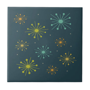 Retro Fireworks Starbursts Dark Blue Mid-century Tile