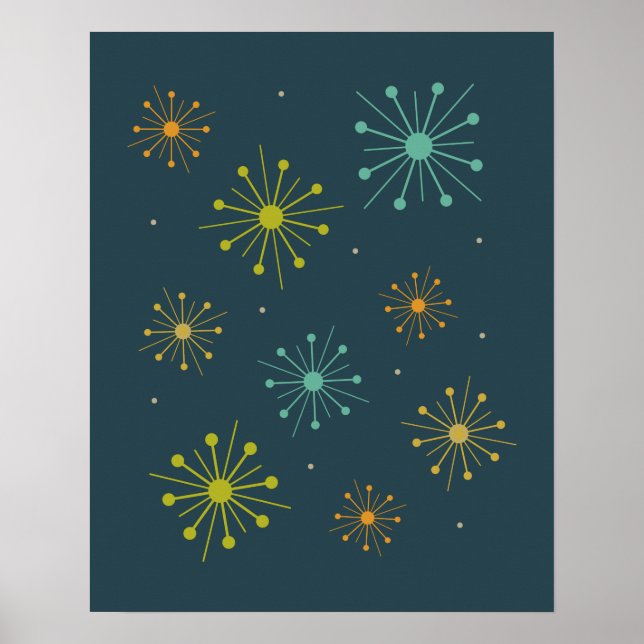 Retro Fireworks Starbursts on Dark Blue Midcentury Poster (Front)
