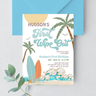 Retro First Wipe Out Surf Surfing 1st Birthday Invitation