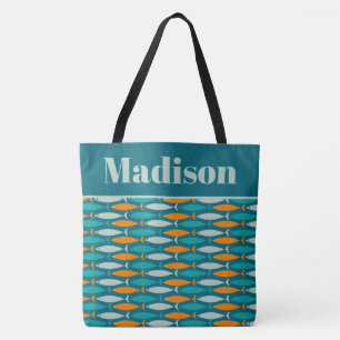 Retro Fish Pattern Turquoise Coastal Personalized Tote Bag