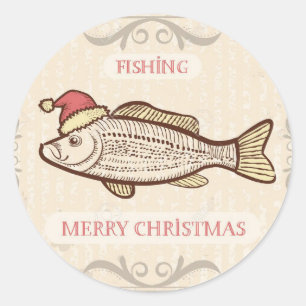 Retro Fishing Christmas Fish In Santa Hat Classic  Round Sticker