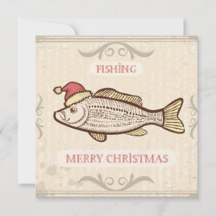 Retro Fishing Christmas Fish In Santa Hat Holiday Card