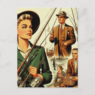 Retro Fishing Illustration Postcard