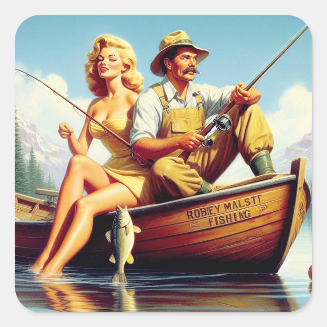 Retro FIshing Illustration Square Sticker (Front)