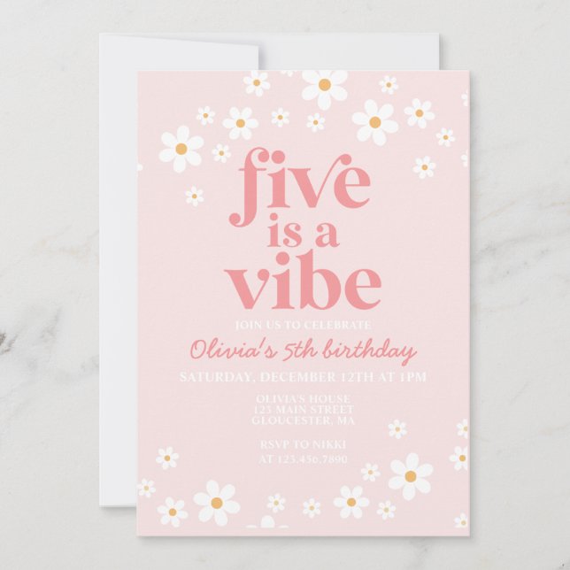 Retro Five is a Vibe daisy 5th Birthday Invitation (Front)