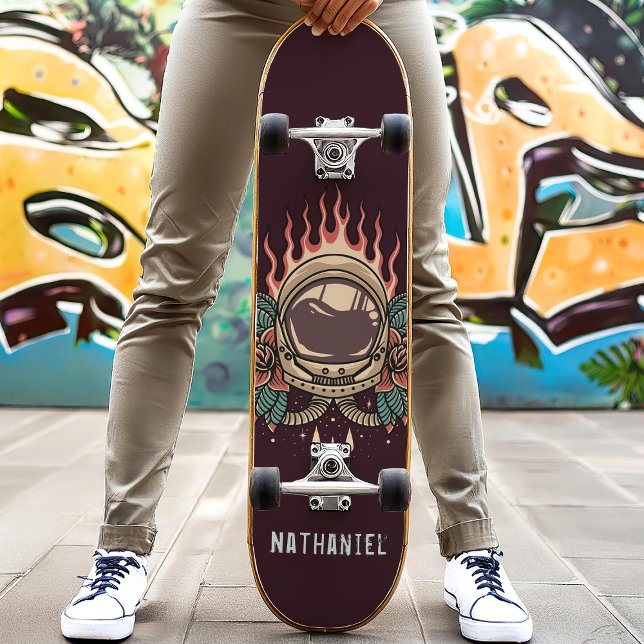 Retro Flaming Astronaut Roses Personalized Name Skateboard (Creator Uploaded)