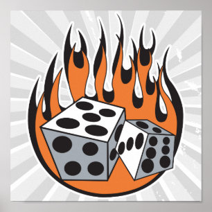 retro flaming dice design poster