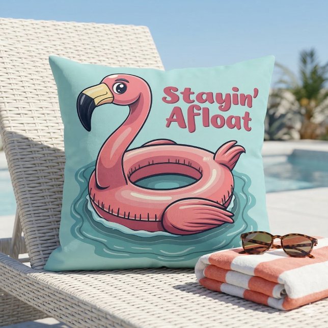 Retro Flamingo Float Funny Summer Throw Pillow (Retro Flamingo Float Funny Summer Throw Pillow On Poolside Chaise)